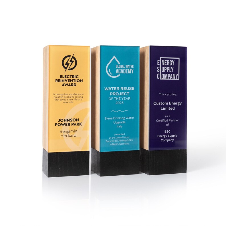 May include: Three acrylic award plaques with wooden bases. The plaque on the left is yellow with a lightning bolt logo and the text "Electric Reinvention Award". The middle plaque is blue with a water drop logo and the text "Global Water Academy Water Reuse Project of the Year 2023". The plaque on the right is purple with a lightning bolt logo and the text "Energy Supply Company This certifies: Custom Energy Limited as a Certified Partner of ESC Energy Supply Company".