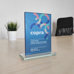 Glass award for the best employee, business partner or player, UV printed glass trophy, personalized business gift