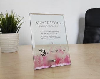Personalized glass award covered in UV Print, appreciation trophy, thank you plaque