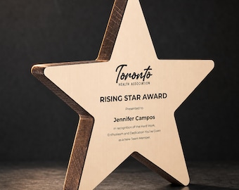 Personalized Star Award, Engraved Solid Oak Trophy With Logo and Message