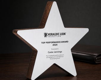 Personalized Wooden Star Award, Engraved Solid Oak and Flexibrass Trophy