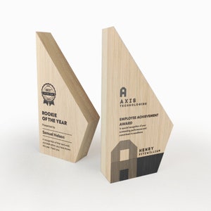 Solid oak trophy for best employee, player or teacher, personalized bespoke corporate award combined with UV print