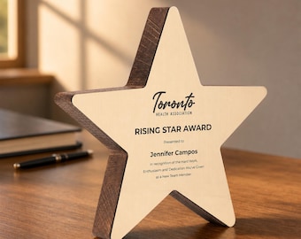 Custom Star Trophy, Personalized Oak Corporate Award With Company Logo