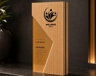 Custom Wood Trophy Award, Personalized Solid Oak and Gold Flexibrass Corporate Recognition Plaque
