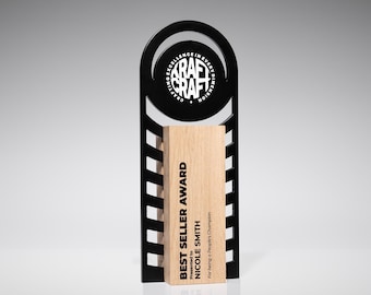 Handmade Laser Cut Steel and Oak Award, Corporate Gift, Best Seller Award Trophy, Sales Achievement Award, Top Performer Recognition Trophy