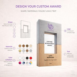 Puede incluir: Una placa de premio personalizada con una parte superior rectangular de hormig&oacute;n y una base de madera clara. El centro contiene una pieza de acr&iacute;lico transparente con el texto "LIFETIME ACHIEVEMENT AWARD", "KATE MUMFORD", "Together we can go higher" y "2026".