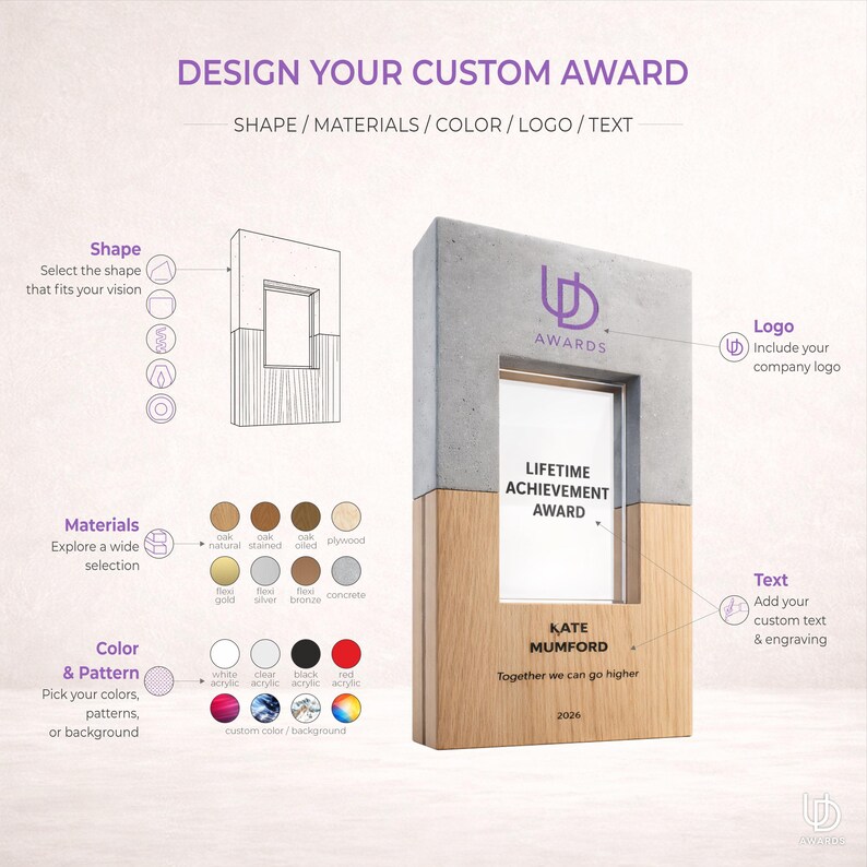 Puede incluir: Una placa de premio personalizada con una parte superior rectangular de hormig&oacute;n y una base de madera clara. El centro contiene una pieza de acr&iacute;lico transparente con el texto "LIFETIME ACHIEVEMENT AWARD", "KATE MUMFORD", "Together we can go higher" y "2026".
