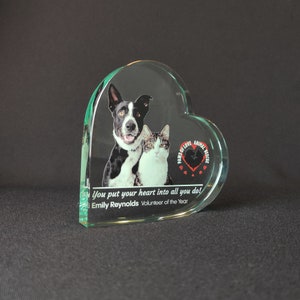 Customizable heart shaped glass award, appreciation trophy, crystal award for volunteering, customized gift for a loved one