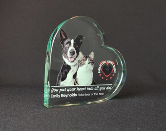 Customizable heart shaped glass award, appreciation trophy, crystal award for volunteering, customized gift for a loved one