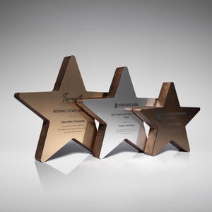May include: Three star-shaped awards with metallic and wooden finishes. The awards feature engraved text, including names and titles. The stars are of different sizes and are displayed on a reflective surface.