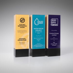 May include: Three rectangular awards with wooden bases and colourful tops. The awards feature text and logos for "Electric Reinvention Award", "Water Reuse Project of the Year 2023", and "Energy Supply Company".