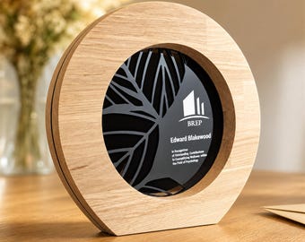 Custom Corporate Award Trophy, Circular Solid Oak With UV-Printed Logo