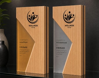 Personalized Wood Trophy, Custom Solid Oak Award with UV Printed Logo for Employee Recognition or Corporate Gift