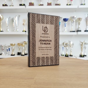 Personalized wooden plaque with metal borders, engraved appreciation award, thank you trophy