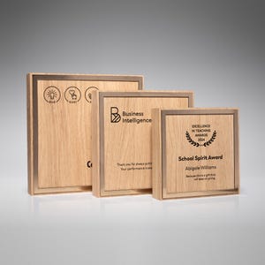 Customizable solid oak trophy, square personalized award combined with flexibrass frame, recognition plaque, achievement, milestone plaque.
