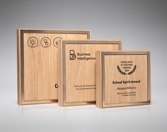 Maßgefertigte Trophäe aus massiver Eiche, Auszeichnung für Mitarbeiter, Firmenplakette, Trophäe für geschäftliche Leistungen, personalisiertes Dankeschön-Geschenk