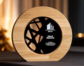 Handmade Employee Recognition Award, Round Oak With Laser-Cut Black Acrylic