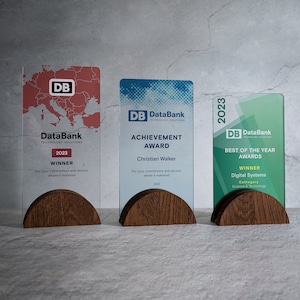Custom rectangle acrylic trophy with UV print and oak base, UV printed acrylic trophy with solid aak base, personalized award for excellence
