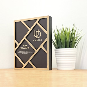 Modern and unique wooden plaque, laser engraved wooden and acrylic prize for company awards ceremony, achievement trophy