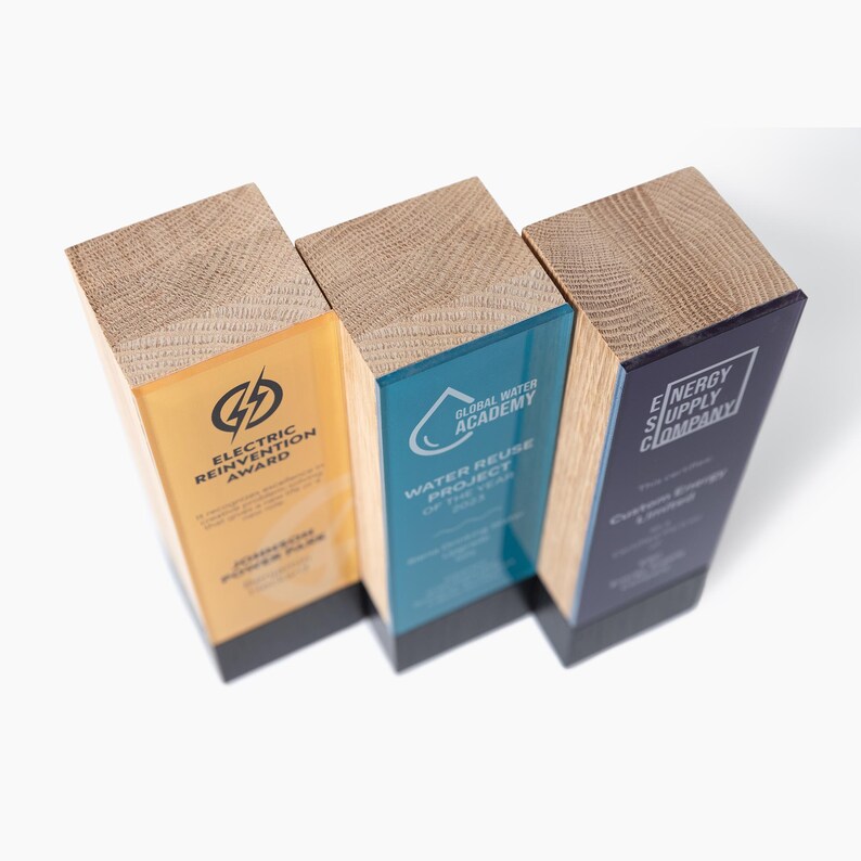 May include: Three wooden awards with rectangular bases and clear acrylic fronts. The awards have light brown wooden tops. The acrylic fronts are yellow, blue, and dark blue, each with text and logos. The awards are for electric reinvention, water reuse, and energy supply.