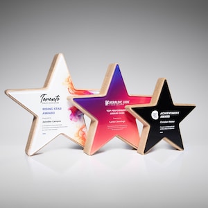 Premio personalizzato a forma di stella in legno massello di quercia, trofeo di riconoscimento aziendale.