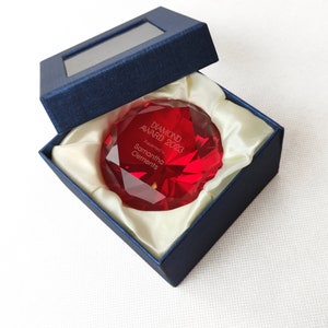 Red diamond-shaped crystal award for the best business partner, employee or player, laser engraved glass trophy, personalized business gift