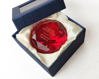 Red diamond-shaped crystal award for the best business partner, employee or player, laser engraved glass trophy, personalized business gift