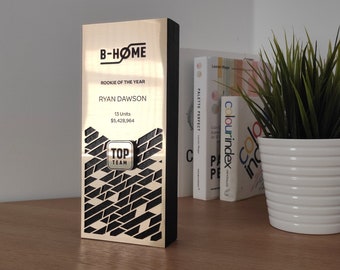 May include: A gold plaque with a black and gold geometric pattern. The plaque has the text "B-HOME", "Rookie of the Year", "Ryan Dawson", "13 Units", "$5,428,964", and "Top Team".