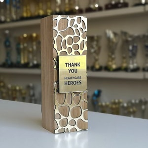 Gold appreciation award, recognition wood sign for heroes, corporate award, customizable trophy