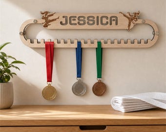 Wooden Medal Display, Personalized Sports Medal Hanger Featuring Athlete Name