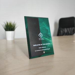 Solid personalized glass award covered in UV Print, appreciation trophy, best partner award