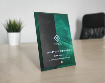 Solid personalized glass award covered in UV Print, appreciation trophy, best partner award