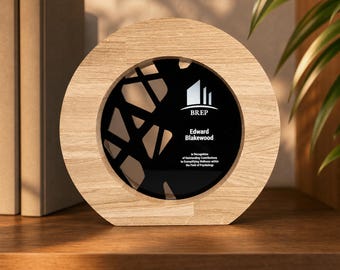 Personalized Award Trophy, Round Oak and Black Acrylic With UV-Printed Logo