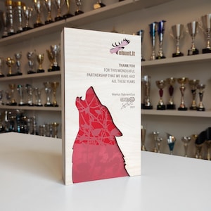 Bespoke laser cut wooden and acrylic trophy, engraved recognition award, personalized plaque for business partner, retirement gift
