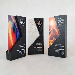 Unique oak trophy painted in black combined with UV printed acrylic, exclusive personalized achievement prize, best player award