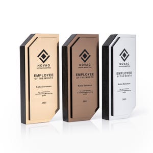 May include: Three employee of the month awards. The awards have a gold, bronze, and white face with black trim. Each award has the Novag Digital Marketing logo, employee name, and the year 2023.