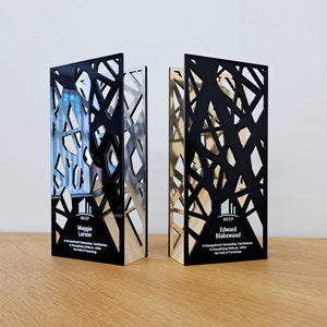 Modern and unique bespoke trophy, solid oak and acrylic prize for company awards ceremony, best player or employee award