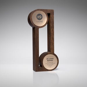 Modern award trophy in solid oak, personalized gift for business partner or best employee of the year, corporate trophy