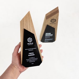 Irregular shape bespoke wooden trophy, modern personalized award for best employee, corporate gift for business partner