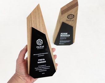Irregular shape bespoke wooden trophy, modern personalized award for best employee, corporate gift for business partner