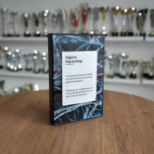 Metal recognition plaque coated in blue with UV printing, personalized award for business partner, best employee