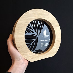 Round shaped solid oak trophy, wooden appreciation award decorated with UV printed laser cut acrylic, prize for best employee of the year