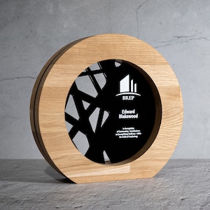 Unique achievement award, personalized recognition award, round natural oak trophy
