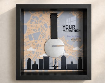 Race Medal Display, Custom Finish Time Keepsake in 10.63 Inch Shadow Box Frame