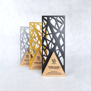 Modern laser cut steel trophy, corporate award, unique metal prize for best business partner