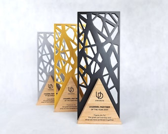 Modern laser cut steel trophy, corporate award, unique metal prize for best business partner