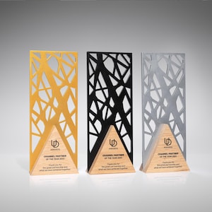 Modern laser cut steel trophy, corporate award, unique metal prize for best business partner