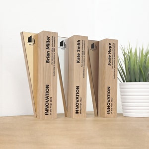 Irregular shape exclusive oak trophy decorated with flexibrass details, appreciation award, handcrafted and unique UV printed wooden award