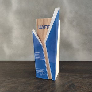 Personalized corporate award, recognition trophy, customizable wooden trophy, bespoke awards, best business partner award