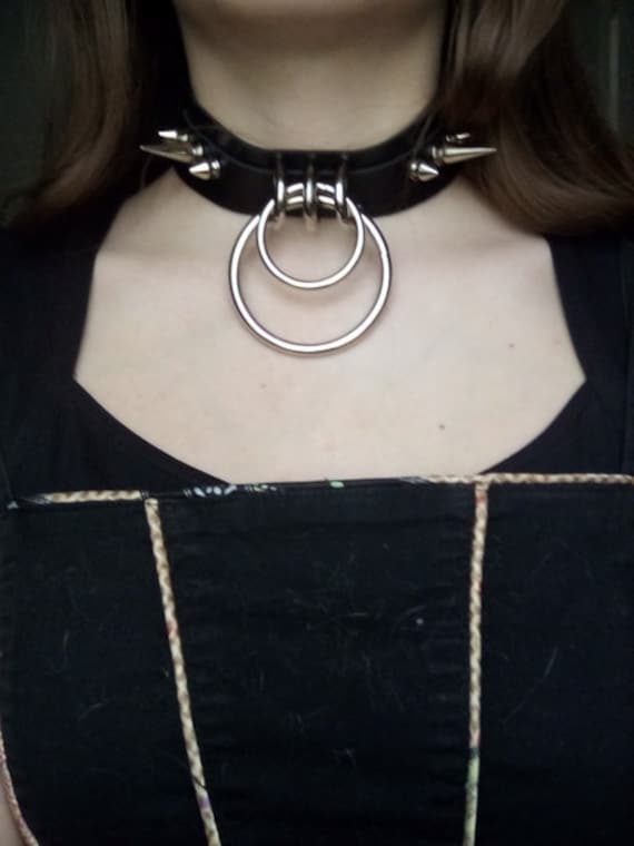 Double O Ring & Spike Vegan Leather Choker, O Ring Choker, O Ring Collar, Spiked Choker, Spiked Collar, Pastel Goth, Pastel Goth Choker